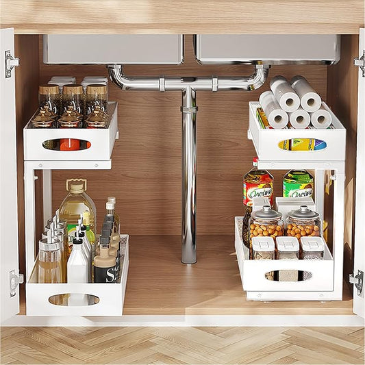 IUI 2 Tier Metal Pull Out Cabinet Organizer,Rust Proof Under Sink Organizer with Sliding Drawers, Multi-Use Under Cabinet Shelves Organizers for Kitchen Bathroom Cabinet Desk Etc,White