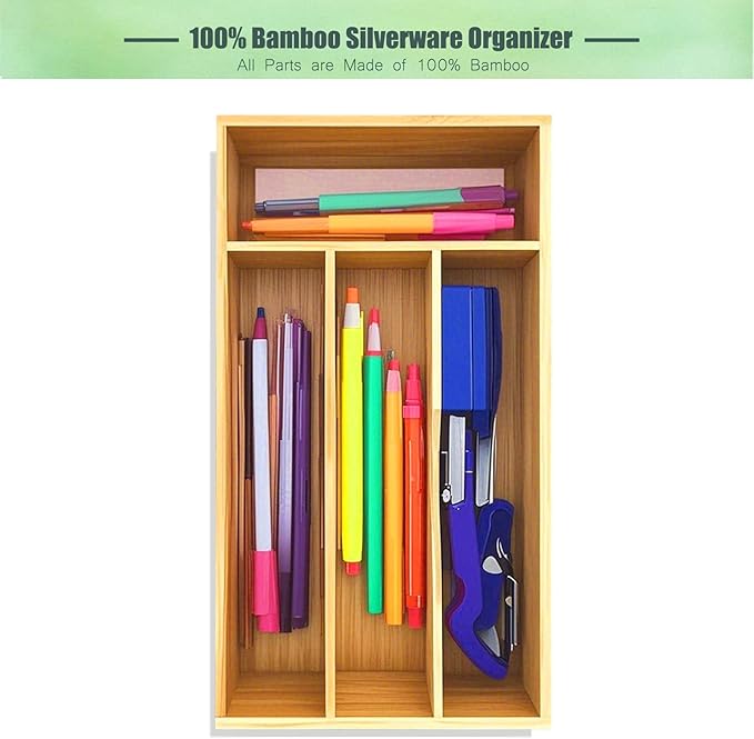 Bamboo Kitchen Drawer Silverware Organizer, 7 Inch Silverware Utensils Tray Holder for Small Drawer, Wood Caddy for Flatware Cutlery Knives 4-Slots