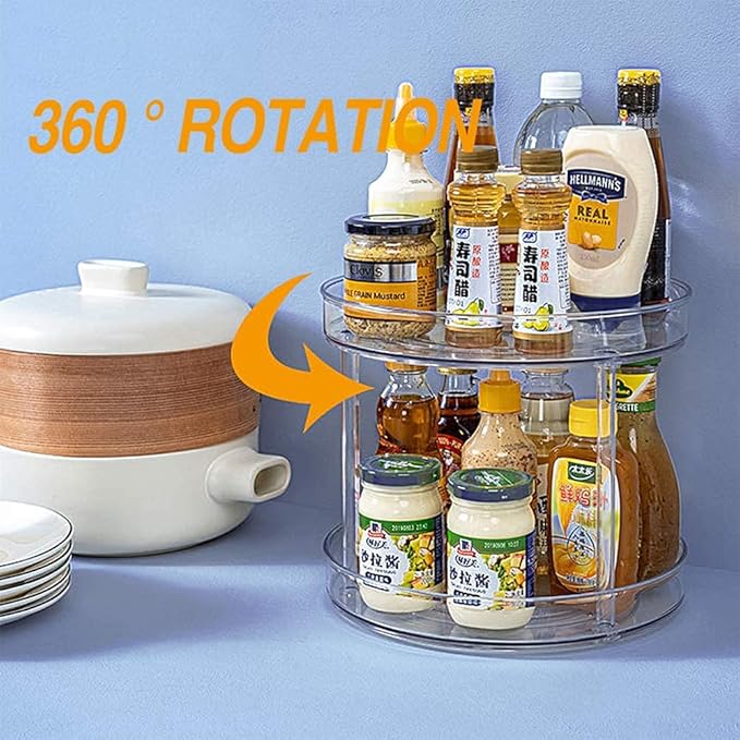 Lazy Susan Round Plastic Clear Rotating Turntable Organization Storage Container Bins for Cabinet Pantry Fridge Kitchen Vanity Spinning Organizer for Spices Condiments (2-Tire-1-Pack, 9 inch)