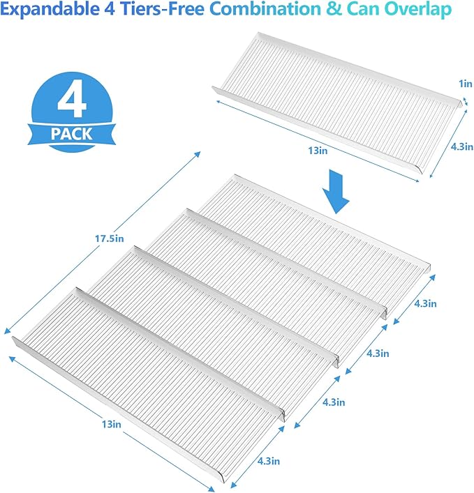 Spice Drawer Organizer, Spice Rack Drawer for Kitchen,4 Tier Clear Acrylic， Expandable From 13" to 26" Spice Rack Tray for Cabinet/Countertop(4 Pcs Clear)
