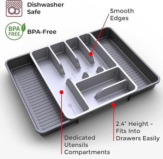 Mueller Flatware Kitchen Drawer Organizer, 19.7" x 15" Silverware Organizer, 6 Compartments, Heavy-Duty, Cutlery Tray for Utensils or Stuff, Dining Room, Living Room, Large, Grey