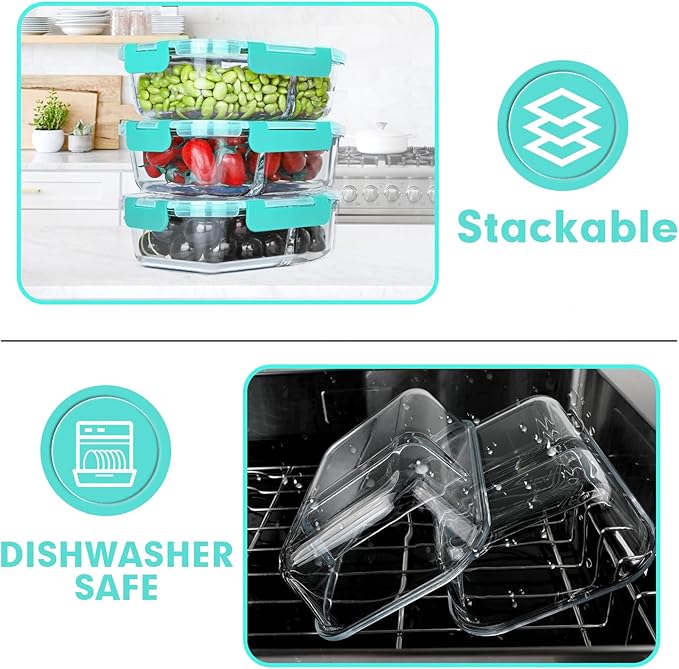 VERONES 10 Pack Glass Meal Prep Containers 2 Compartment Set, 30 OZ Airtight Glass Lunch Containers, Glass Food Storage Containers with Lids, for Microwave, Oven, Freezer & Dishwasher Friendly，Green