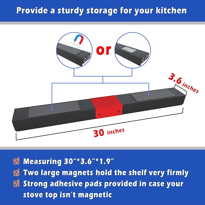 Magnetic Spice/Seasoning Shelf, 30" Length, Organizer for Stove Top & Kitchen, Black With Red Love