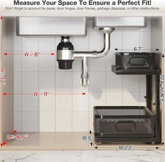 1 Pack 15.5IN-Depth Under Sink Organizer With Next-Gen Ball-Bearing Slides,2-Tier Precision Mesh Pull Out Cabinet Storage for Bathroom&Kitchen,Height Adjustable Drawers Shelf,Anti-rust-Black