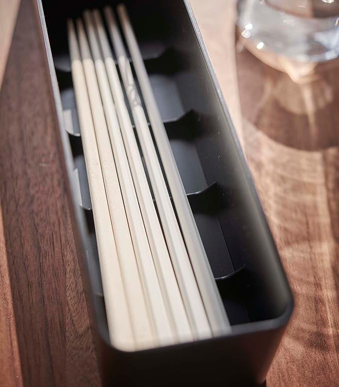 Yamazaki Home Rin Utensil Case Knife Fork Spoon Silverware Cutlery Holder With Divider, Portable For Kitchen Counter Or Table - Plastic + Wood
