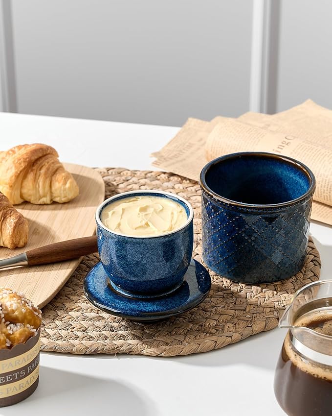 XELA - Ceramic Butter Crock - Butter Dish with Lid for Countertop - Keep Your Butter Perfectly Spreadable 24/7 - Embossed - Kiln Turns Blue