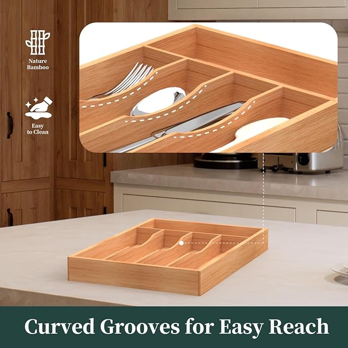 Bamboo Silverware Organizer, Kitchen Drawer Organizer, Utensil Holder, Cutlery Tray & Spoon Flatware Storage with Grooved Drawer Dividers (5 Slots, Natural)