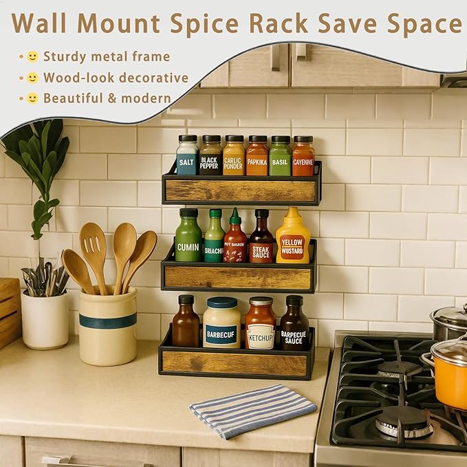 Spice Rack Wall Mount, 3 Pack Engineered Wooden Wall Mounted Hanging Spice Rack Organizer for Cabinet, Pantry Door, Easy Install Seasoning Organizer (3 Pack, Adhesive Or Screw Installed)