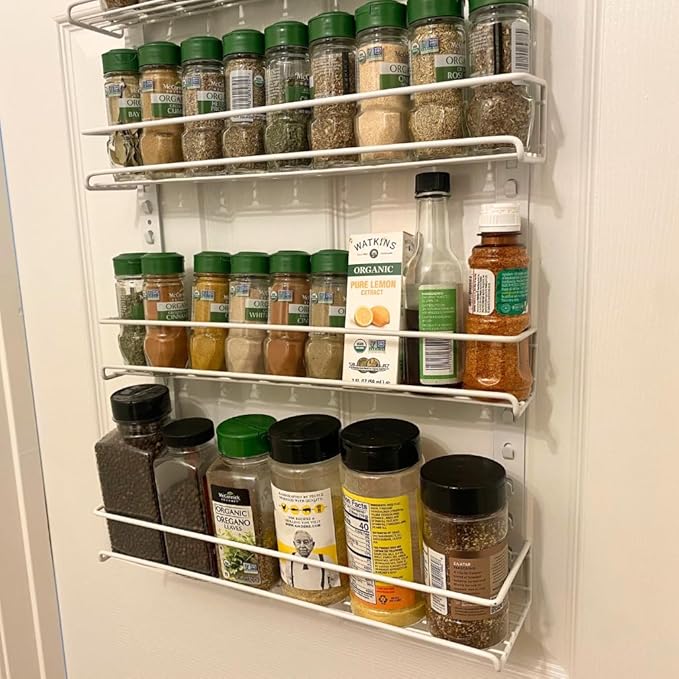 Evelots Over the Door Pantry Organizer -5 Tier Spice Rack -Holds up to 64 Spices & More - Adjustable Metal Baskets for Kitchen, Bathroom Storage & Organization (White) Easy Install Extra Deep Baskets