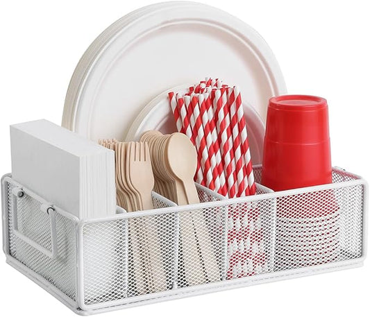 Paper Plate Dispenser with Handle, Metal Paper Plate Holders for Kitchen Counter, Utensil Holder Organizer with 6 Compartments, Silverware Holder Caddy for Cup Fork Napkin Party Camping-White