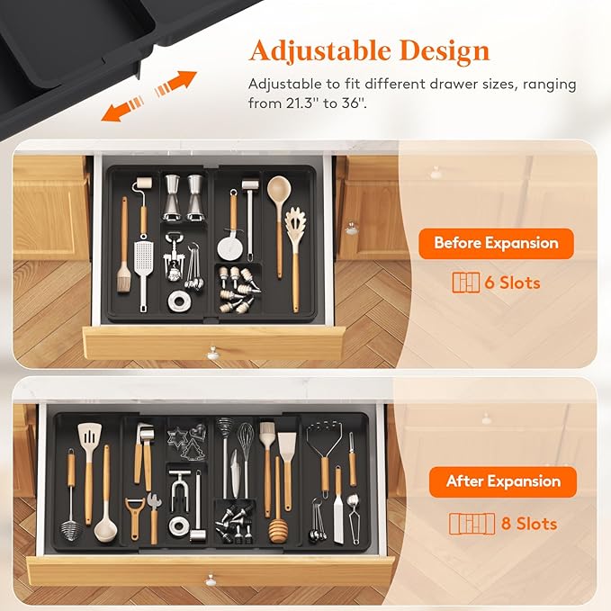Lifewit Large Utensil Organizer for Kitchen Drawer, Expandable From 21 to 36 Inches, Adjustable Cooking Silverware Tray, Plastic Cutlery Flatware Holder, Spatula Tools Gadgets Storage Divider, Black