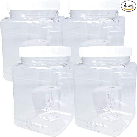 32oz Clear PET Plastic Square Wide Mouth Jars with Grip Handle and White Ribbed Lined Caps, BPA Free, Multi-Use Empty Containers, Household Dried Food Canisters, Made in the USA (Pack of 4)