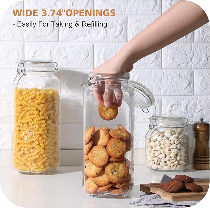 VITEVER [ Taller ] Glass Jars with Airtight Lid, 92oz/34oz Large Glass Food Storage Jars, 4 Pack Wide Mouth for Kitchen Pantry Spaghetti, Square Mason Jars with Labels
