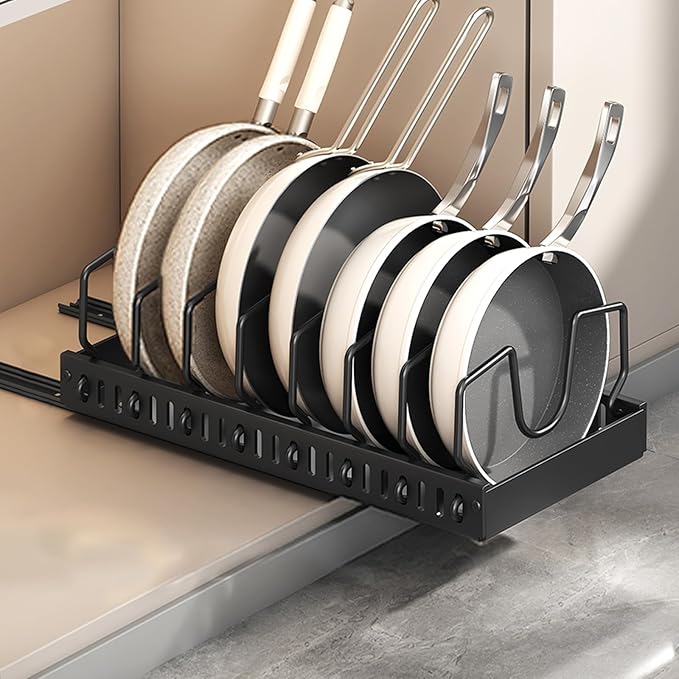Pots and Pans Organizer Under Cabinet, Sliding Pot Lid Holder and Pan Rack in Kitchen, Pull out Pot and Pan Organizer, for Pot Lid, Bakeware, Dishes, Pots and Pans Storage