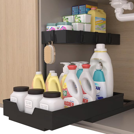 NATURE'S SOURCE 2-Tier Under Sink Organizer L-Shape Pull Out Cabinet Organizers Narrow Space Sink Shelf Storage Shelves Multi-purpose Organization Drawer for Bathroom Kitchen Pantry, 15.5 Inch, Black