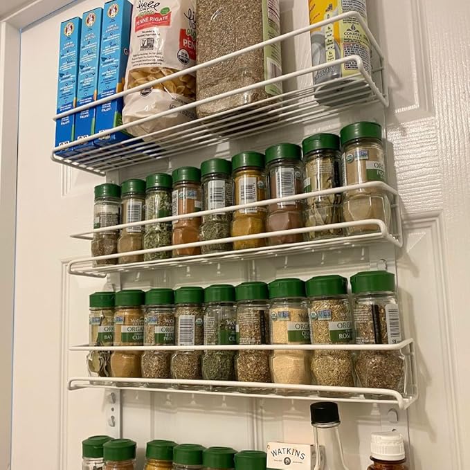 Evelots Over the Door Pantry Organizer -5 Tier Spice Rack -Holds up to 64 Spices & More - Adjustable Metal Baskets for Kitchen, Bathroom Storage & Organization (White) Easy Install Extra Deep Baskets