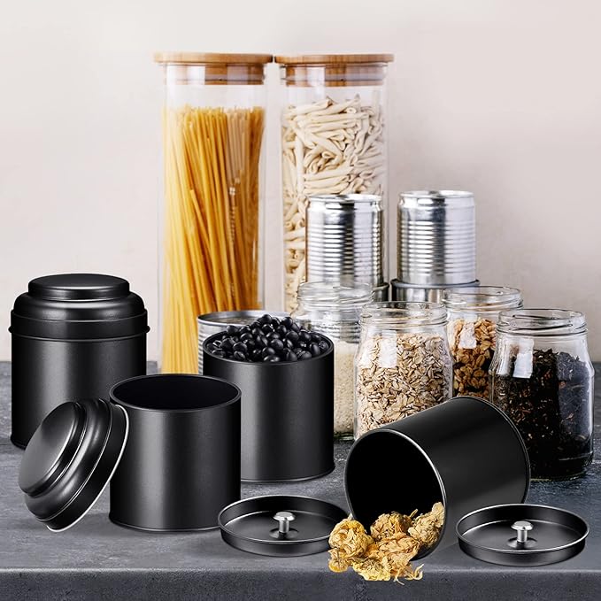 12 Pcs Tea Tin Canister with Airtight Double Lids 8 oz Round Tin Can Box Small Kitchen Tea Canister Loose Leaf Storage Containers for Loose Bags Coffee Sugar Candy Spices(Black)