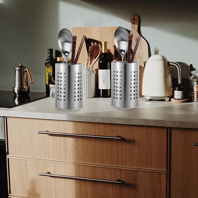 DOITOOL 2PCS Stainless Steel Kitchen Utensil Holders for Countertop Spoon Holder Silverware , Chopsticks Holder Spoon and Fork Holder for Restaurant (12 X 12 X 18CM)