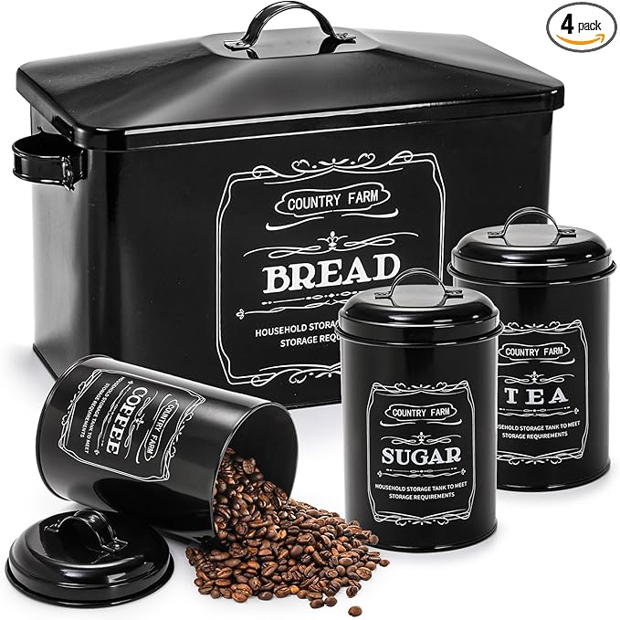 yarlung Metal Bread Box with 3 Kitchen Canisters Set, Large Black Farmhouse Bread Tin for Kitchen Countertop, Coffee Tea Sugar Canister with Lid for Pantry Organizer Home Storage