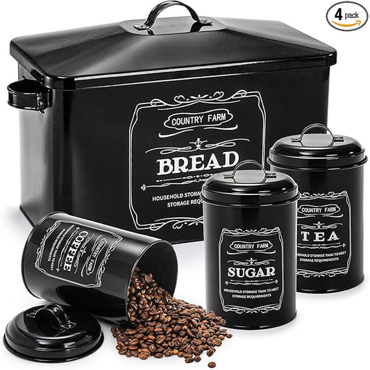 yarlung Metal Bread Box with 3 Kitchen Canisters Set, Large Black Farmhouse Bread Tin for Kitchen Countertop, Coffee Tea Sugar Canister with Lid for Pantry Organizer Home Storage