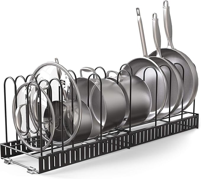 Expandable Rack for Cabinets - Vdomus Adjustable Black Pot Rack with 4 DIY Storage Positions - Holds up to 14 Pans, Pots, or Lids - Durable Iron Pot Stacker for Kitchen Organization - 8.5"x 31"x11.5"