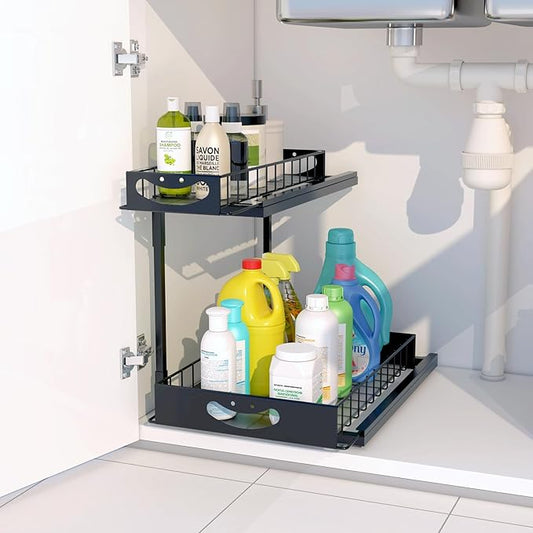 Under Kitchen Sink Organizers and Storage,2 Tier Sliding Cabinet Basket Organizer Drawer,Storage Shelves,Multi-Purpose Cabinet Organizers for Kitchen Bathroom.14.17X10.66 X 15.27In(Black,1Pack)