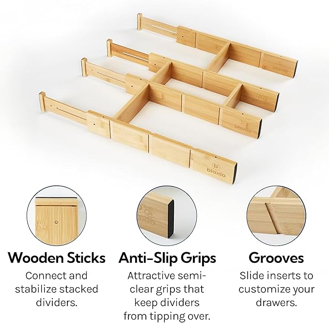 Adjustable Drawer Dividers Pack of 4 with Inserts, Set Kitchen Drawer Organizer for Utensils, Spice Organization, Deep Drawers and Baby Clothes