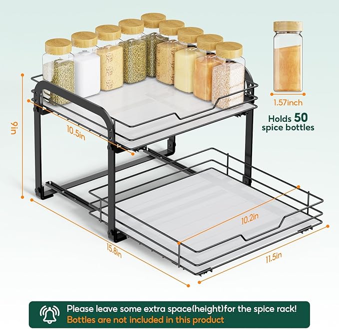Spice Rack Organizer for Cabinet - 2-Tier Vertical Pull Out Spice Rack, Heavy Duty Metal Spice Shelf with Easy to Install Design, Fits Countertop, Cabinet & Pantry