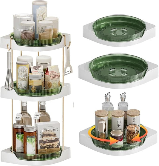 3 Pack Lazy Susan Turntable - Corner Spice Organizer for Cabinet - 9 Inch Rotating Condiment Rack Storage for Refrigerator, Pantry, Kitchen, Vanity, Bathroom Countertop (3 Tier-Green)