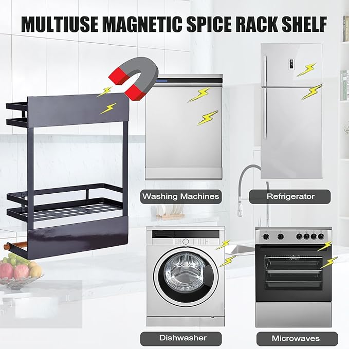 Magnetic Spice Rack for Refrigerator, Magnetic Shelf for Fridge Magnet Organizer Moveable Magnetic Paper Towel Holder with 8 Hooks for Kitchen Oven Space Saving (Black)