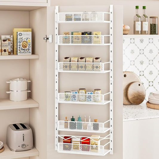 Over the Door Pantry Organizer, 6-Tier Pantry Organization and Storage,Adjustable Hanging Spice Rack Shelves, Cabinet Door Organizer for Easy Install, Home & Kitchen Essentials, White