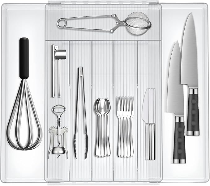 JYPS Silverware Organizer - Expandable Kitchen Drawer Organizer, Adjustable BPA Free Utensil Organizer, Cutlery Drawer Organizer for Forks, Knives, Clear Middle