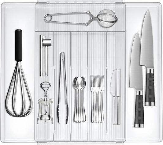 JYPS Silverware Organizer - Expandable Kitchen Drawer Organizer, Adjustable BPA Free Utensil Organizer, Cutlery Drawer Organizer for Forks, Knives, Clear Middle