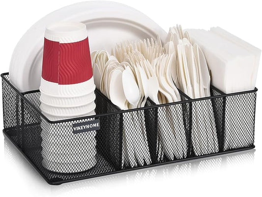 Paper Plate Organizer for Countertop, Metal Silverware Caddy with 6 Compartments for Cup, Napkin, Utensil Holder Caddy for Party, Camping, Picnic