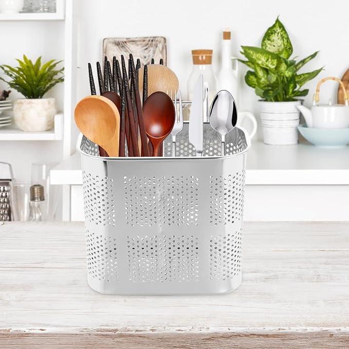 UPKOCH Upgrade Stainless Steel Chopsticks Holder with 2 Compartments for Kitchen Countertop - Drain Spout Utensil Drying Rack and Organizer for Spoons, Forks, and Knives