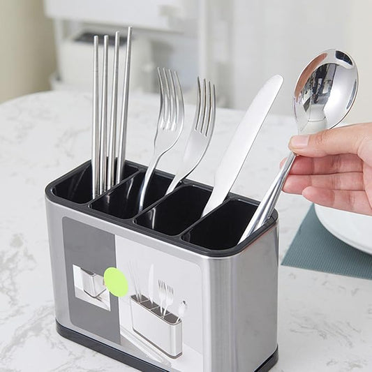 2PCS Silverware Cutlery Organizer, Stainless Steel Kitchen Utensil Holder with 4 Compartments for Counter, Caddy Organizer for Faltware Spoon Fork and Tool