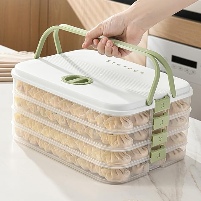 Dumplings Storage with 4 Layers, Stackable with Buckle, Lid & Handle for Cookies Wonton Donuts Box Organizer For Fridge, Milk-Brown