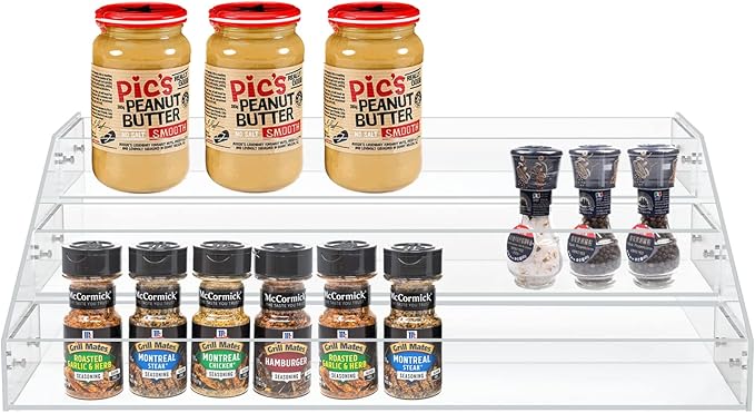 PMMASTO Widen Tiered Spice Rack, Seasoning Organizer, Clear Acrylic Vertical Shelves Can Organizer for Countertop, Cabinet, Pantry, Kitchen Organization and Storage - 3 Tier