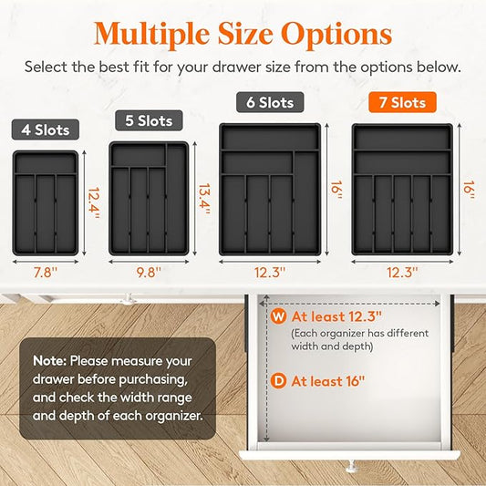 Lifewit Silverware Tray, Deep Wide Cutlery Drawer Organizer Storage for Kitchen, Plastic Flatware Utensil Holder Divider for Spoons Forks Knives Tableware, 7 Compartment, Black