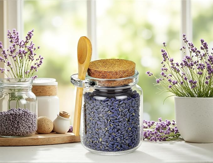 Ahhute Glass Sugar Scrubs Jars, Bath Salt Container 8oz, Salt Cellar with Spoon, Honey Scrubs Jars w/Lids, Labels and Cleaning Brush, Set of 12