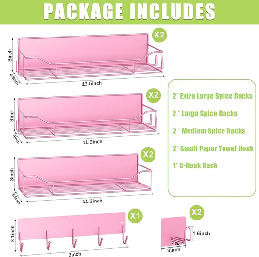Magnetic Spice Rack for Refrigerator, 9 Pack Magnetic Fridge Shelves W/Adjustable Paper Towel Holder, Hook Rack, Moveable Spice Organizer Shelf for Kitchen Organization and Storage (Pink)
