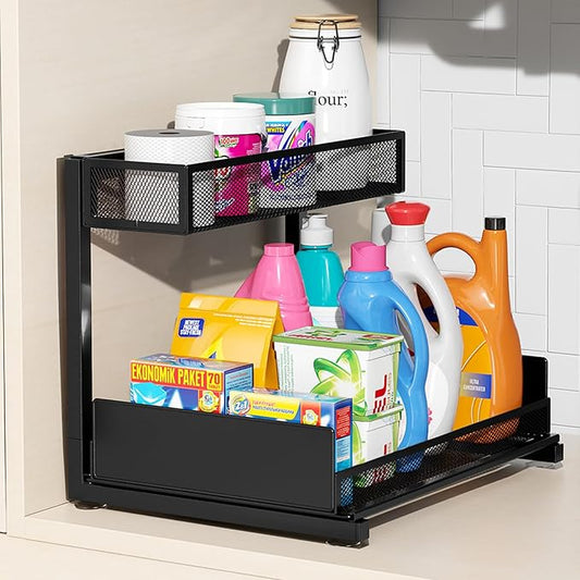 Under Sink Organizer and Storage, 2 Tier Pull Out Cabinet Organizer, Slide Out Under Sink Storage Shelf, Undersink Organizers Shelves for Kitchen Bathroom Pantry Organization (Black)
