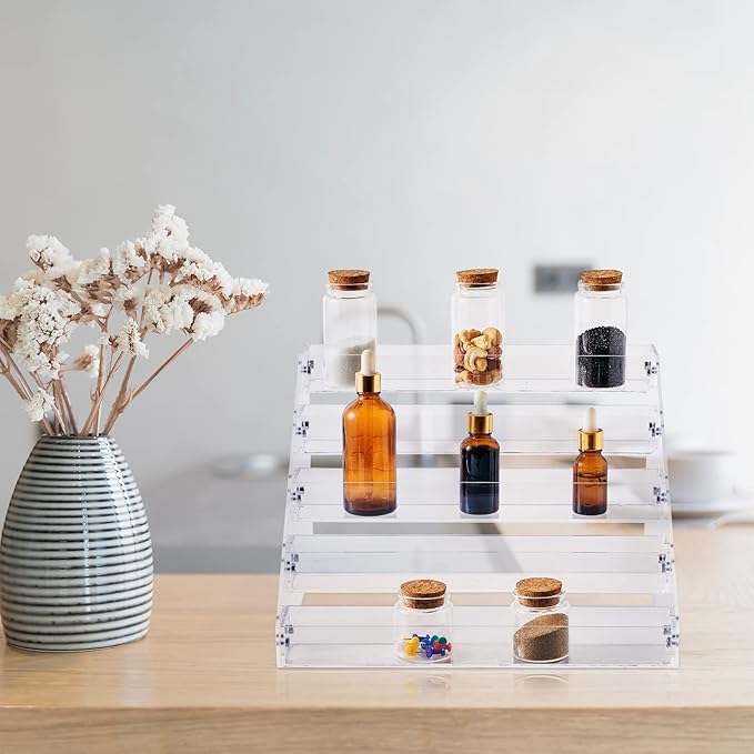 2 Pcs Acrylic Tiered Spice Rack Organizer 5 Tier Vertical Seasoning Organizer Clear Spice Shelf Tiered Pantry Shelves for Cabinet Kitchen Countertop Storage Organization Display, 12.2 x 10.6 x 7.8 In