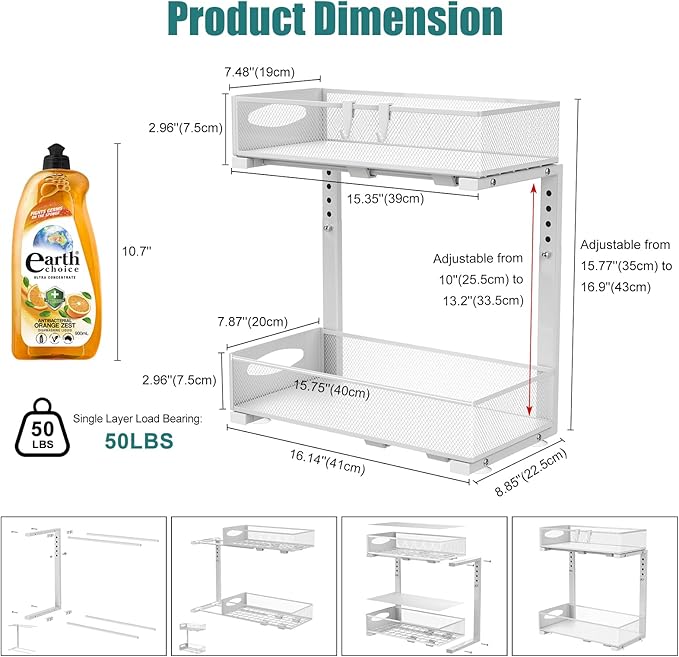 Under Sink Organizer, 2 Tier Metal Pull Out Under Sink Storage with Sliding Mesh Drawers, Height Adjustable Slide Out Under Sink Organizer for Kitchen Bathroom Cabinet, 2 Pack, White