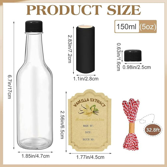 12 Pcs Vanilla Extract Bottles for Homemade, Vanilla Jars Glass Bottle with Lids Cap Shrink Band Sticker Syrup Food Storage Canister for Liquids Bean Sauce Spice Gift Giving(5 oz)