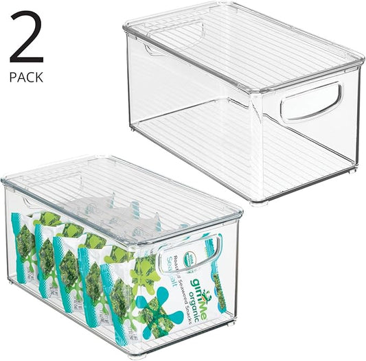 mDesign Plastic Deep Storage Bin Box Container with Lid and Built-In Handles - Organization for Fruit, Snacks, or Food in Kitchen Pantry, Cabinet, or Cupboard, Ligne Collection, 2 Pack, Clear