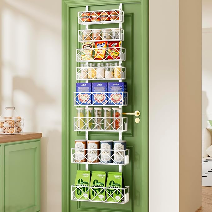 Over the Door Pantry Organizer 8-Tier Adjustable Baskets Hanging Spice Door Rack Narrow - 13.78" W x 65.16" H Behind the Door Storage for Kitchen, Bathroom, and Closet Organization-White