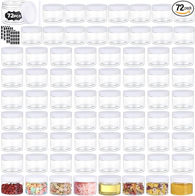 72pcs 4 oz Plastic Containers with Lids Pen Labels Leak Proof BPA Free Airtight Refillable Clear Small Containers Storage Jars for Storing Dry Food Makeup Slime Honey Jam,white