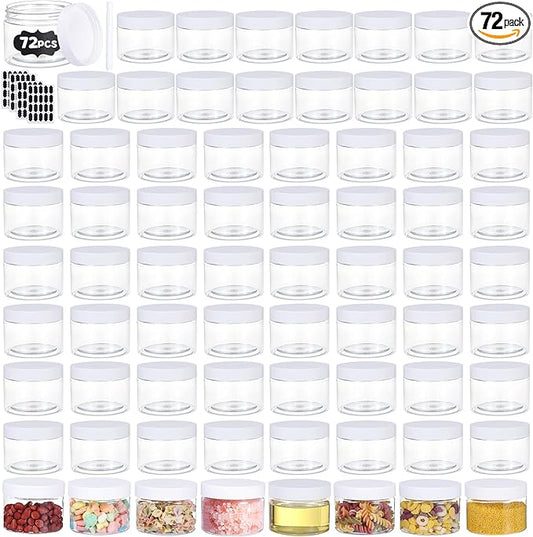 72pcs 4 oz Plastic Containers with Lids Pen Labels Leak Proof BPA Free Airtight Refillable Clear Small Containers Storage Jars for Storing Dry Food Makeup Slime Honey Jam,white