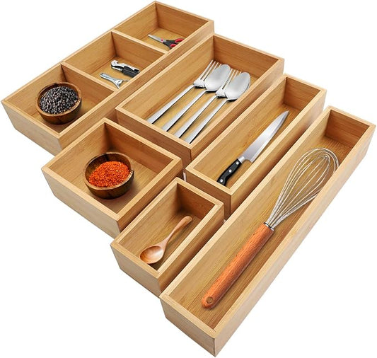 Kootek Bamboo Drawer Organizer with Removable Dividers, 6 Pcs Adjustable Kitchen Drawer Organizer Utensils Bamboo Organizers Silverware Storage Box Cutlery Tray Multi-Use for Bathroom, Makeup, Office